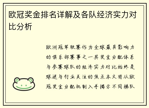 欧冠奖金排名详解及各队经济实力对比分析